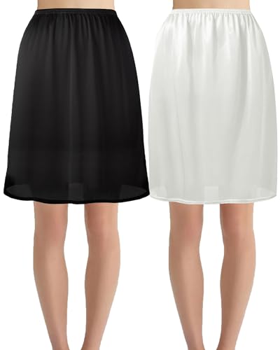 Hanpceirs 2 Stück Damen Petticoat Unterröcke für Damen halbe Slips für unter Kleider Satin Rock Extenders 50cm Schwarz und Weiß M von Hanpceirs