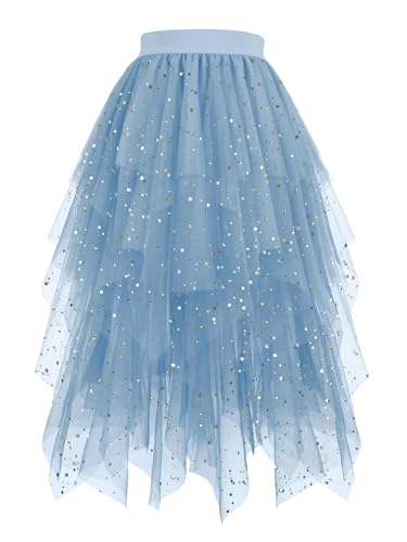 Hanpceirs Damen Tüll Röcke High Low Layered Puffy Fee Röcke A-Linie Midi Rock Unregelmäßiger Tutu Rock Blau Pailletten L von Hanpceirs