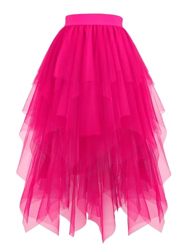 Hanpceirs Damen Tüll Röcke High Low Layered Puffy Fee Röcke A-Linie Midi Rock Unregelmäßiger Tutu Rock Fuchsia XL von Hanpceirs