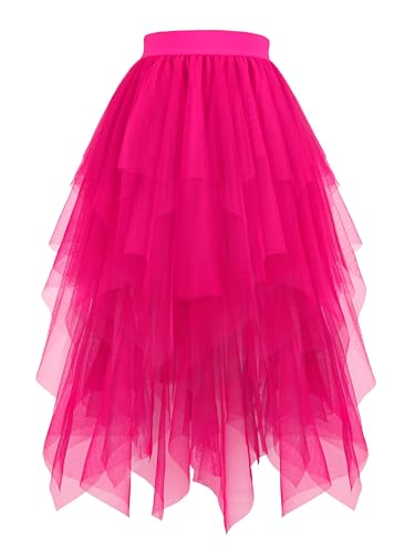 Hanpceirs Damen Tüll Röcke High Low Layered Puffy Fee Röcke A-Linie Midi Rock Unregelmäßiger Tutu Rock Fuchsia XXL von Hanpceirs