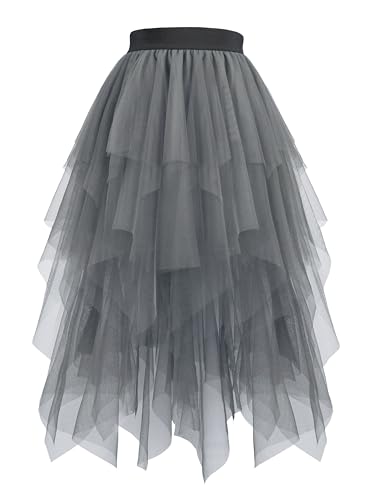Hanpceirs Damen Tüll Röcke High Low Layered Puffy Fee Röcke A-Linie Midi Rock Unregelmäßiger Tutu Rock Grau XL von Hanpceirs