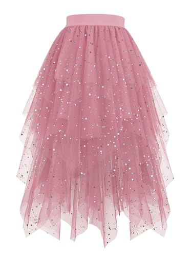 Hanpceirs Damen Tüll Röcke High Low Layered Puffy Fee Röcke A-Linie Midi Rock Unregelmäßiger Tutu Rock Rosa Pailletten XL von Hanpceirs