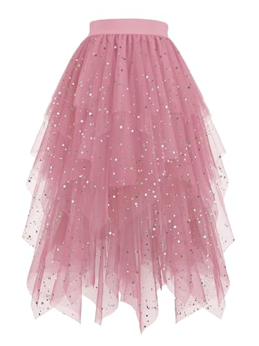 Hanpceirs Damen Tüll Röcke High Low Layered Puffy Fee Röcke A-Linie Midi Rock Unregelmäßiger Tutu Rock Rosa Pailletten XXL von Hanpceirs