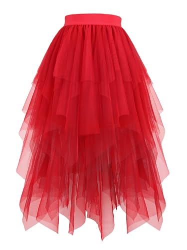 Hanpceirs Damen Tüll Röcke High Low Layered Puffy Fee Röcke A-Linie Midi Rock Unregelmäßiger Tutu Rock Rot L von Hanpceirs