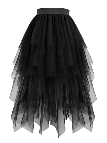 Hanpceirs Damen Tüll Röcke High Low Layered Puffy Fee Röcke A-Linie Midi Rock Unregelmäßiger Tutu Rock Schwarz XXL von Hanpceirs