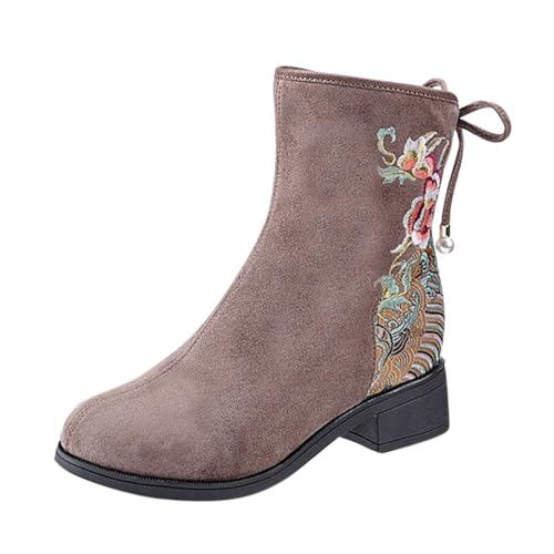 Hanraz Biker Boots Damen - Cowboystiefel Damen Niederung Stickereien Stiefel Trichterabsatz Sommerstiefel Halbstiefel Blockabsatz Westernstiefel Retro Weitschaftstiefel | Schwarz,beige Gr.36-42 von Hanraz