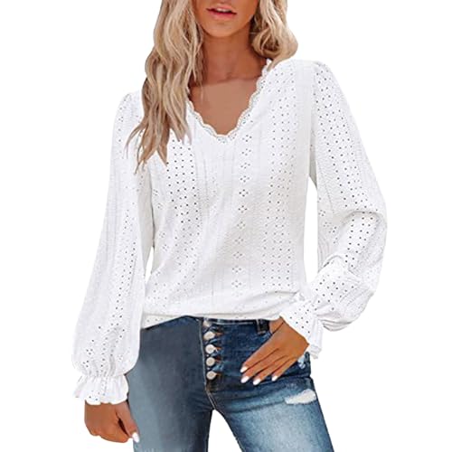 Hanraz Blusen & Tuniken Für Damen, Lässig Mode Boho Tunika Spitzenbluse Elegant Schickes Mit Lochstickerei Bluse Blusenshirt Puffärmel Leicht Und Luftig Ausgefallene Wickelbluse Trachtenblusen von Hanraz