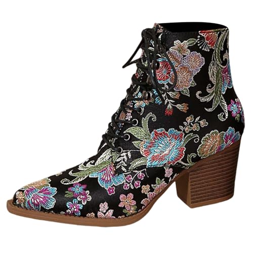 Hanraz Boots Damen - Cowboystiefel Damen Niederung Stickereien Stiefel Trichterabsatz Sommerstiefel Halbstiefel Blockabsatz Westernstiefel Retro Weitschaftstiefel | Schwarz,beige Gr.36-42 von Hanraz