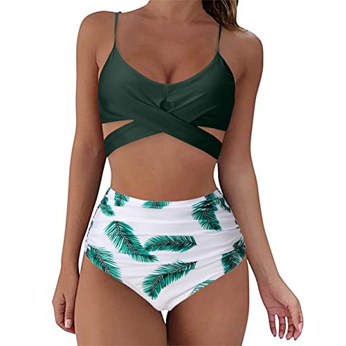 Hanraz Damen Zweiteiliger Badeanzug V Ausschnitt überkreuztes Blumenmuster Bikini Bademode Bauchkontrolle Bikini Sets Bikini-Sets für Damen Push Up von Hanraz