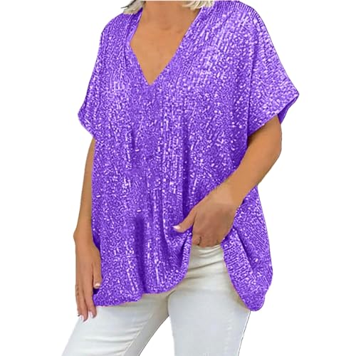 Hanraz Glitzer Oberteile Damen Party elegant, 3/4 Arm Silvester Outfit Glitzeroberteil V-Ausschnitt Festliches Oberteil Elegante von Hanraz
