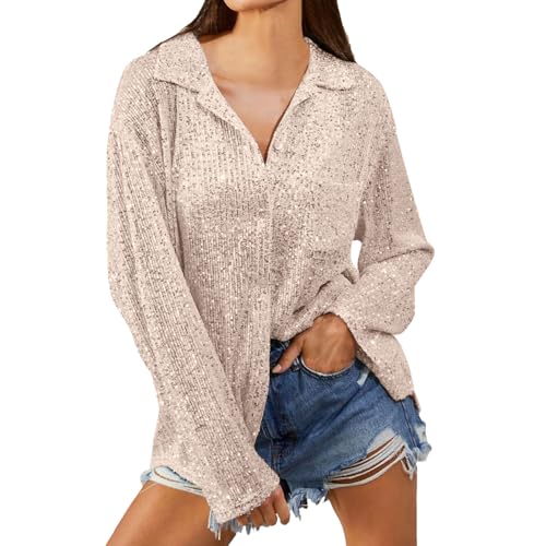Hanraz Glitzer Oberteile Damen weiß, Pailletten Oberteil Disco Club Blusen Gold Glitzeroberteil Frauen Silvester Curvy von Hanraz