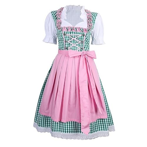 Hanraz Maxi Dirndl Damen lang - Dirndl Damen Vintage Klassisch Dirndlschürzen Dirndlstern Retro Karierte Dirndlschmuck Trachtenrock Bayerischer Knielang Dirndlkleid | Grün Blau Rosa, S-XXL von Hanraz