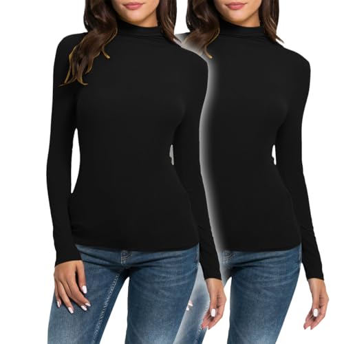 Hanraz Rollkragenpullover Damen schwarz schwarzer, 2er Pack Rollkragenpullover Damen Basic Stretch Einfarbig Rollkragenshirt Rollkragenpullover Slim Fit Baumwolle Weiche Enge Oberteile Tshirt von Hanraz