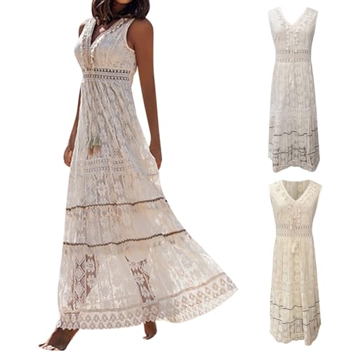 Hanraz Sommer Kleider Für Damen, Boho Kleid Damen Lang Blumenmuster Maxikleider Wickelkleid Tailliertes Vintage Maxikleid Spitzenkleid Chiffon Sommerkleid Strandkleider von Hanraz