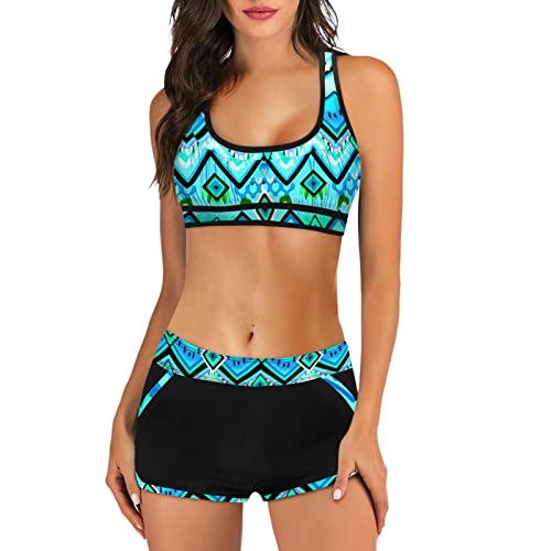 Hanraz Sportbikini Für Damen, Zweiteiler Swimsuit, Bikini Damen Set Mit Shorts Sportlich Push Up Zweiteiler Badehose Atmungsaktiv Bikinioberteil Swimsuit Gemustert Strandkleidung Bademode von Hanraz