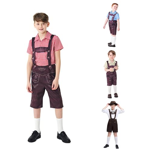 Hanraz Trachten Tshirt Herren, Trachtenlederhosen Für Jungen 3 Teilig Kurz Trachtenhosen + Trachtensocken Oder Trachten Hut+ Kariert Trachtenhemd In Rot/Blau/Grün/Weiß Oktoberfest Kostüm von Hanraz