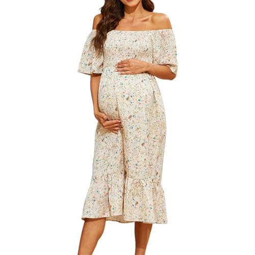 Hanraz Umstandskleid Festlich, Stillkleid Festlich Umstandskleid Boho Schwingen Stillkleidung Geblümt Puffärmel Off Shoulder Blumenkleid Schwangerschaftskleid Stillmode von Hanraz