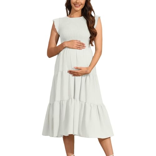 Hanraz Umstandsmode, Stillkleid Festlich Umstandskleid Boho Sommer Schwangerschaftskleid Einfarbig Puffärmel Rundhals Maternity Dress Umstandsmode Umstandskleidung von Hanraz