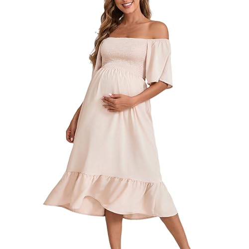 Hanraz Umstandsmode Sommer, Stillkleid Festlich Umstandskleid Boho Schwingen Blumenkleid Geblümt Kurzarm Off Shoulder Stillkleidung Stillmode Schwangerschaftskleid von Hanraz