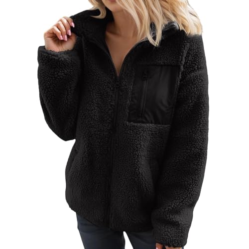 Hanraz Wanderjacke Damen, Teddyjacke Damen Warm Flauschig Herbstjacke Ohne Kapuze Große Größen Kuscheljacke Outdoor Fleecepullover Schwarz/beige Wanderjacke Übergangsjacke Fleecejacke von Hanraz