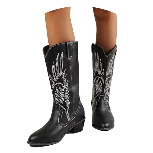 Hanraz schwarze stiefel, Cowboystiefel Damen Leicht mit Stickerei Vintage Cowboyboots Westernstiefel Winter-Herbst Blockabsatz Stiefel Boots Damenschuhe - Freizeit Alltag Gr.37-42 von Hanraz
