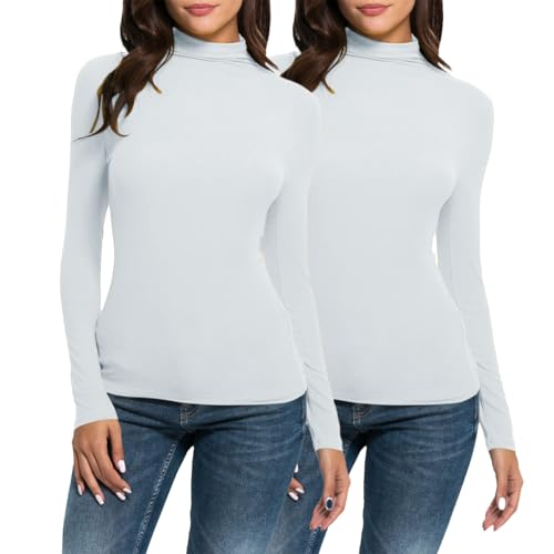 Hanraz weißer Rollkragenpullover Damen, 2er Pack Rollkragenpullover Damen Basic Stretch Einfarbig Rollkragenshirt Rollkragenpullover Slim Fit Baumwolle Weiche Enge Oberteile Tshirt von Hanraz