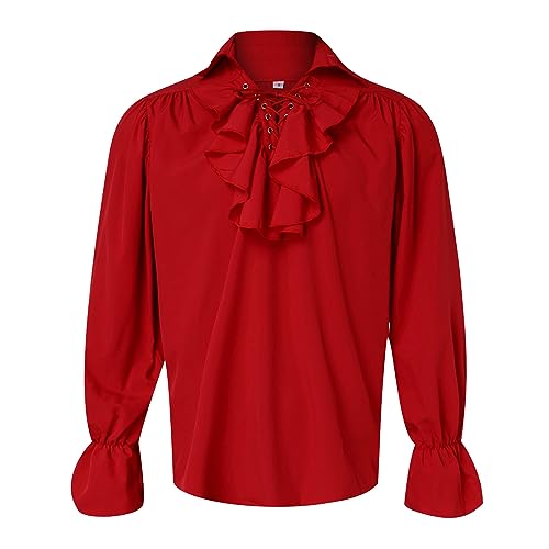 Hemd Weiss Herren, rotes leinenhemd Mittelalter Herren Piratenhemd Langarm Steampunk Wiking Renaissance Viktorian Fasching Karneval Kostüm Shirt Oberteile von Hanraz
