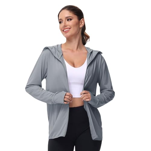Leichte Sportjacke Damen, Sportjacke Damen Sommer UPF 50 Sonnenschutz Hoodie Sportshirt Funktionsjacke Langarm Windbreaker Outdoorjacke Trainingsjacke Uv Schutz Sweatjacke Sportoberteil von Hanraz