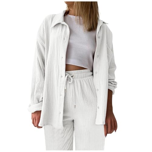 Musselin Bluse Damen,Revers Bluse + Plissee Hose Langarm Freizeitanzug Leicht mit Gummibund Sommer-Herbst Outfit Set Hosenanzug Elegant Locker mit geknöpfte Down Musselinbluse Loungewear von Hanraz