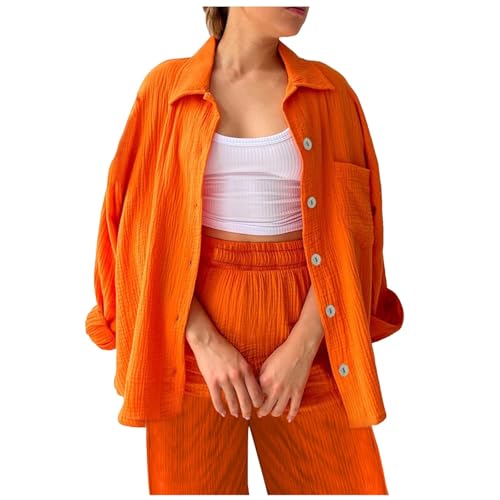Musselin Bluse Damen,Revers Bluse + Plissee Hose Langarm Freizeitanzug Leicht mit Gummibund Sommer-Herbst Outfit Set Hosenanzug Elegant Locker mit geknöpfte Down Musselinbluse Loungewear von Hanraz