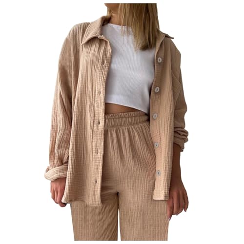 Musselin Bluse Damen,Revers Bluse + Plissee Hose Langarm Freizeitanzug Leicht mit Gummibund Sommer-Herbst Outfit Set Hosenanzug Elegant Locker mit geknöpfte Down Musselinbluse Loungewear von Hanraz
