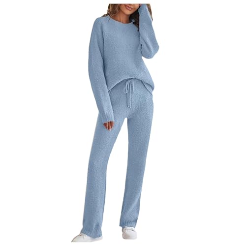 Zweiteiler Damen, Hausanzug Damen Große Größen Loungewear 2 Teiler Warm Freizeit Und Sport Jogginganzug Freizeitanzug Einfarbig Bequem Set Rundhals Top + Lange Hose von Hanraz