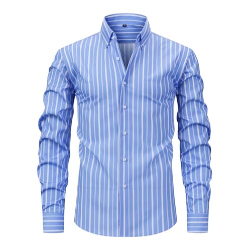 Polohemd Herren, Hemd Gestreift Herren Business Bügelfrei Mit Knöpfen Sommerhemd Regular Fit Casual Herrenhemd Basic Freizeit Sommer Oberhemden Freizeithemden Blau,4XL von Hanraz