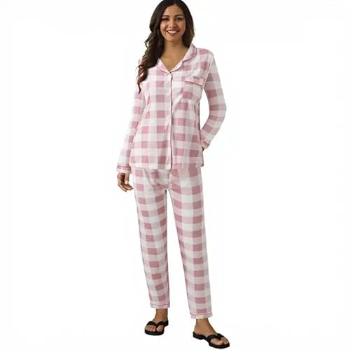 Pyjama Damen, Schlafanzug Damen Lang Pyjama Karierte Hosen + Rundhals Langarmshirt Lässige Bequeme Schlafanzüge Nachtwäsche Freizeit Elegant Zweiteiler Casual Weiche Hausanzug von Hanraz