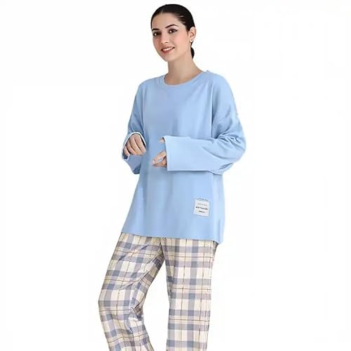 Schlafanzug Damen lang, Schlafanzug Damen Lang Pyjama Karierte Hosen + Rundhals Langarmshirt Lässige Bequeme Schlafanzüge Nachtwäsche Freizeit Elegant Zweiteiler Casual Weiche Hausanzug von Hanraz