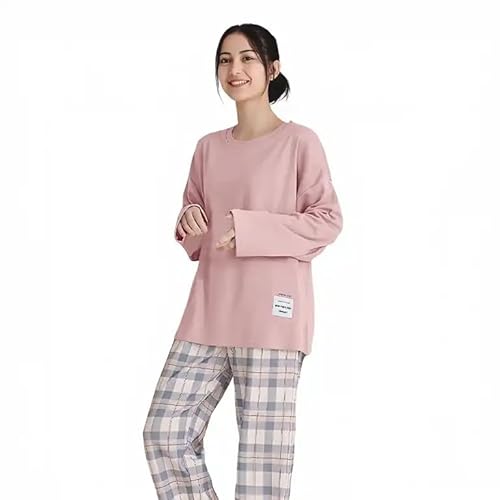 Schlafanzug Damen Lang, Karierte Hosen + Rundhalsausschnitt Langarmshirt Lässige mit Bündchen Bequeme Pyjama Schlafanzug Freizeit Elegant Zweiteiler Casual Weiche Schlafhose von Hanraz
