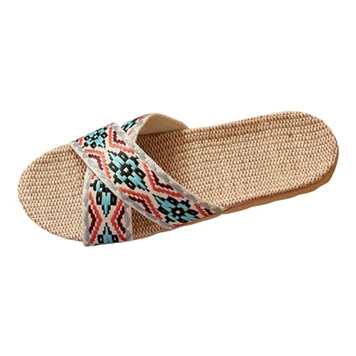 Slipper Damen Sommer, Leinen Hausschuhe Damen Sommer Slip on Atmungsaktiv Strandschuhe Damenhausschuhe Bequem Gästehausschuhe Schlappen Fussbett Größe Offene Leichte Sandalen von Hanraz