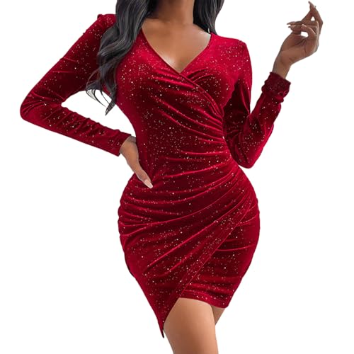 Cocktailkleid Damen Elegant, Abendkleider Elegant Für Hochzeit Samt Winterkleid Glitzerkleid V-Ausschnitt Bodycon Partykleid Festliche A-Line Samtkleid von Hanraz