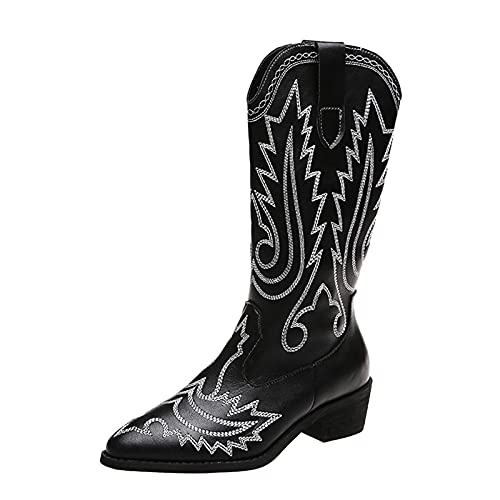 cowboy stiefeletten damen - Cowboystiefel Damen Niederung Retro Cowboy Boots Trichterabsatz Sommerstiefeletten Blockabsatz Sommer Übergangsstiefel Stickereien Sommerstiefel | Schwarz,beige Gr.36-42 von Hanraz