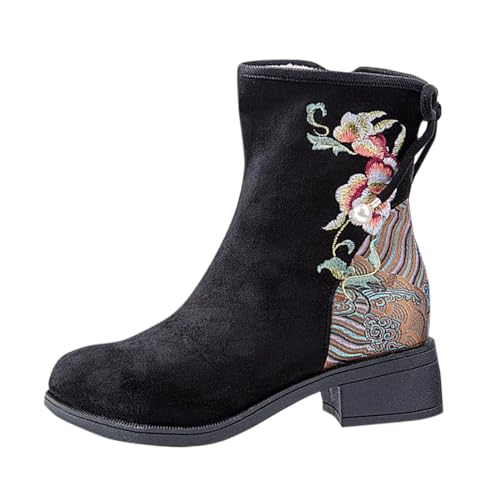 cowboystiefel damen leder - Cowboystiefel Damen Niederung Stickereien Stiefel Trichterabsatz Sommerstiefel Halbstiefel Blockabsatz Westernstiefel Retro Weitschaftstiefel | Schwarz,beige Gr.36-42 von Hanraz