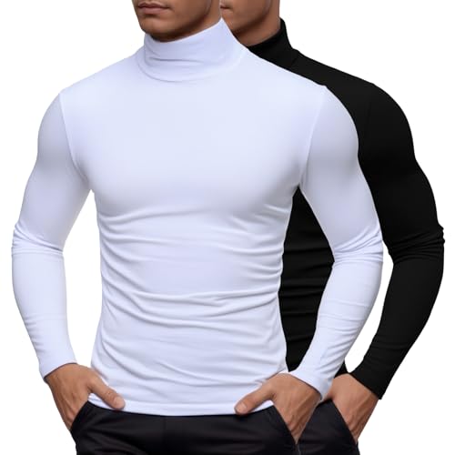 rollkragenpullover herren weiß, 2pack Rollkragenpullover Herren Slim Fit Kragenpullover Langarm Langarmshirt Einfarbig Basic Turtleneck Baumwolle Unterziehrolli Dünn Compression Kompressionsshirt von Hanraz