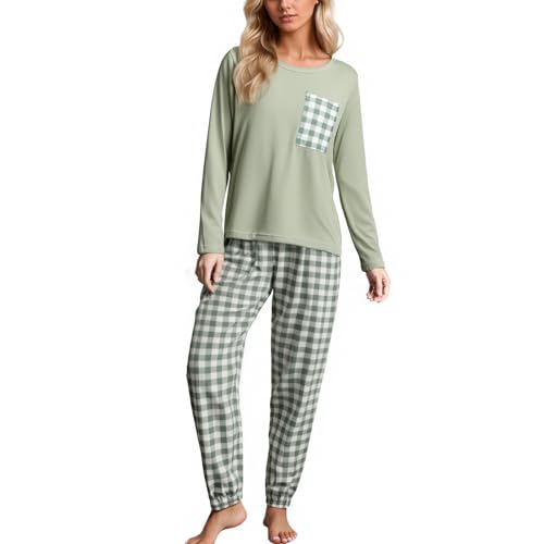 schlafanzüge für Damen, Schlafanzug Damen Lang Pyjama Karierte Hosen + Rundhals Langarmshirt Lässige Bequeme Schlafanzüge Nachtwäsche Freizeit Elegant Zweiteiler Casual Weiche Hausanzug von Hanraz