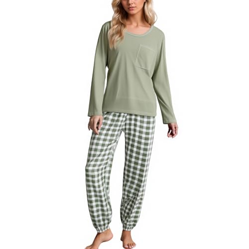 schlafen und Loungewear Damen, Schlafanzug Damen Lang Karierte Hosen + Rundhals Langarmshirt Lässige Modal-Nightwear Pyjama Set Freizeit Elegant Zweiteiler Casual Hausanzug Nachthemd von Hanraz