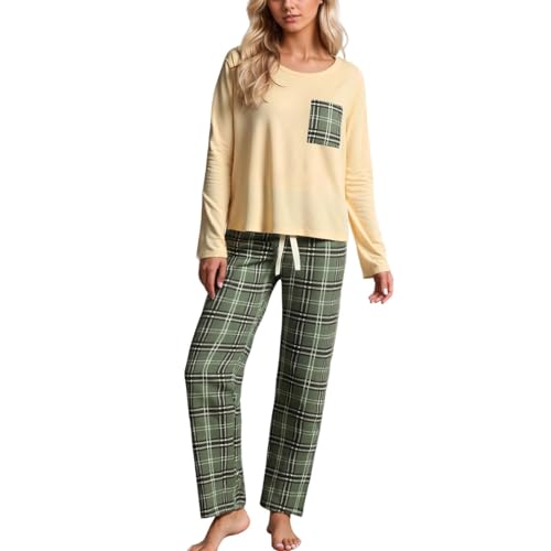 schlafen und Loungewear Damen, Schlafanzug Damen Lang Pyjama Karierte Hosen + Rundhals Langarmshirt Lässige Bequeme Schlafanzüge Nachtwäsche Freizeit Elegant Zweiteiler Casual Weiche Hausanzug von Hanraz