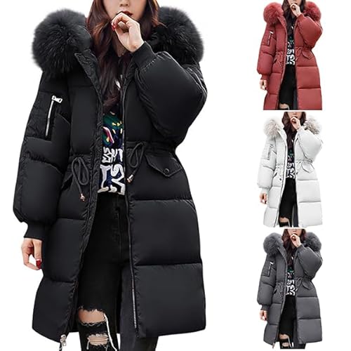 Wintermantel Damen Schwarz, Wintermantel Damen Lang Warm Gefüttert Winterjacke Outdoorjacke Grosse Grössen Mit Fellkapuze Steppmantel Leicht Elegant Winterparka von Hanraz
