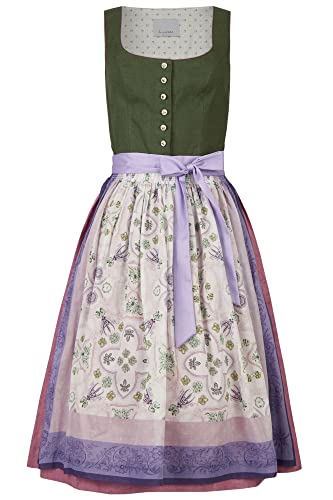 Hans Moser Dirndl Ausseer Leinendirndl mit handbedruckter Chiffon Schürze 100% Leinen 100% Baumwolle Balkonett Porzellan-Knöpfe Dirndlkleid Tracht Kleid Trachtenkleid midi grün lila rosa, Größe:38 von Hans Moser