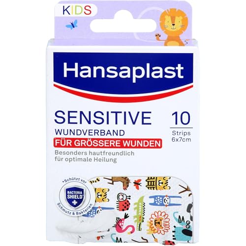 Hansaplast Sensitive Kids Wundverband (6 x 7 cm), besonders hautfreundliche Wundpflaster für mittlere bis größere oberflächliche Wunden, schmerzlos zu entfernendes Kinderpflaster von Hansaplast