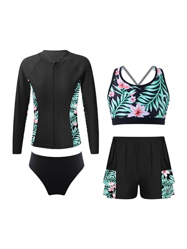 Hansber 4 Stück Kinder Badeset UV-Schutz Badeanzug Mädchen Langarm Shirt +`Top + Shorts + Triangel Bikinihose Strand Bademode Schwarz 158-164 von Hansber