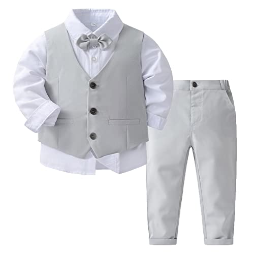 Hansber Baby Jungen Gentleman Smoking Anzug Fliege Hemd Weste Hose 4tlg Babykleidung Schicker Taufanzug Grau 86-92 von Hansber