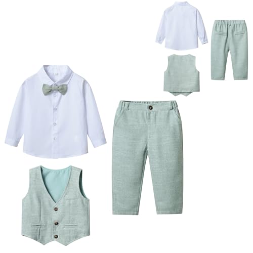 Hansber Baby Jungen Gentleman Smoking Anzug Fliege Hemd Weste Hose 4tlg Babykleidung Schicker Taufanzug Himmelblau 74-80 von Hansber